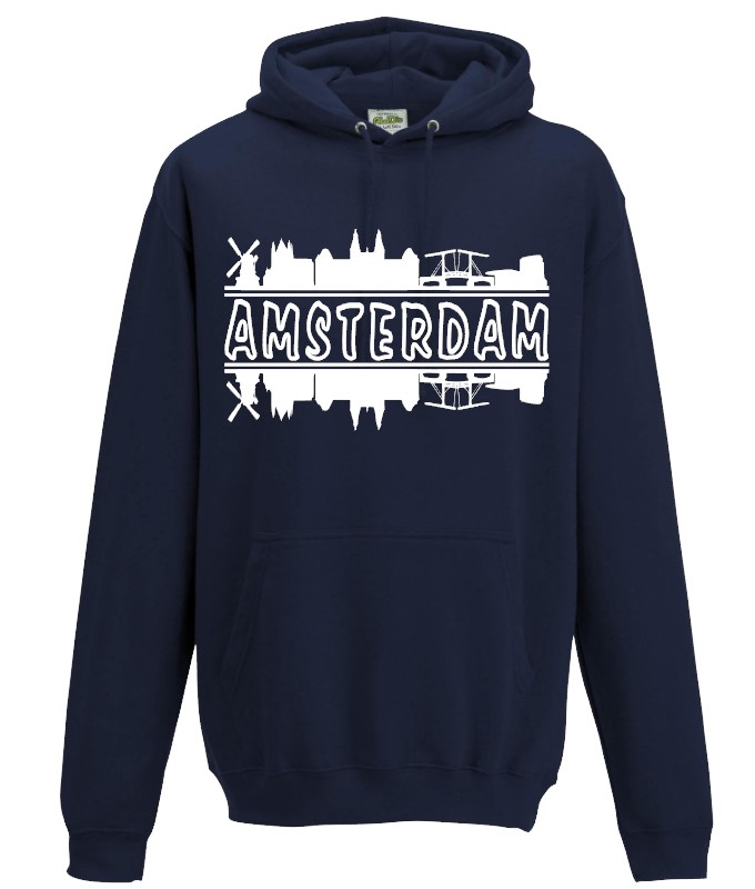 Hoodie Amsterdam-skyline Navy-Wit